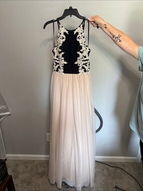 Blondie Nites Black and Blush Embroidered Bodice Prom Dress
